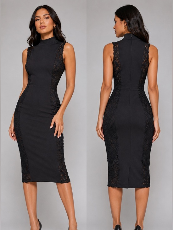 bebe Dresses & Skirts - Bebe Black Lace Side Panel Mock Neck Bodycon Dress